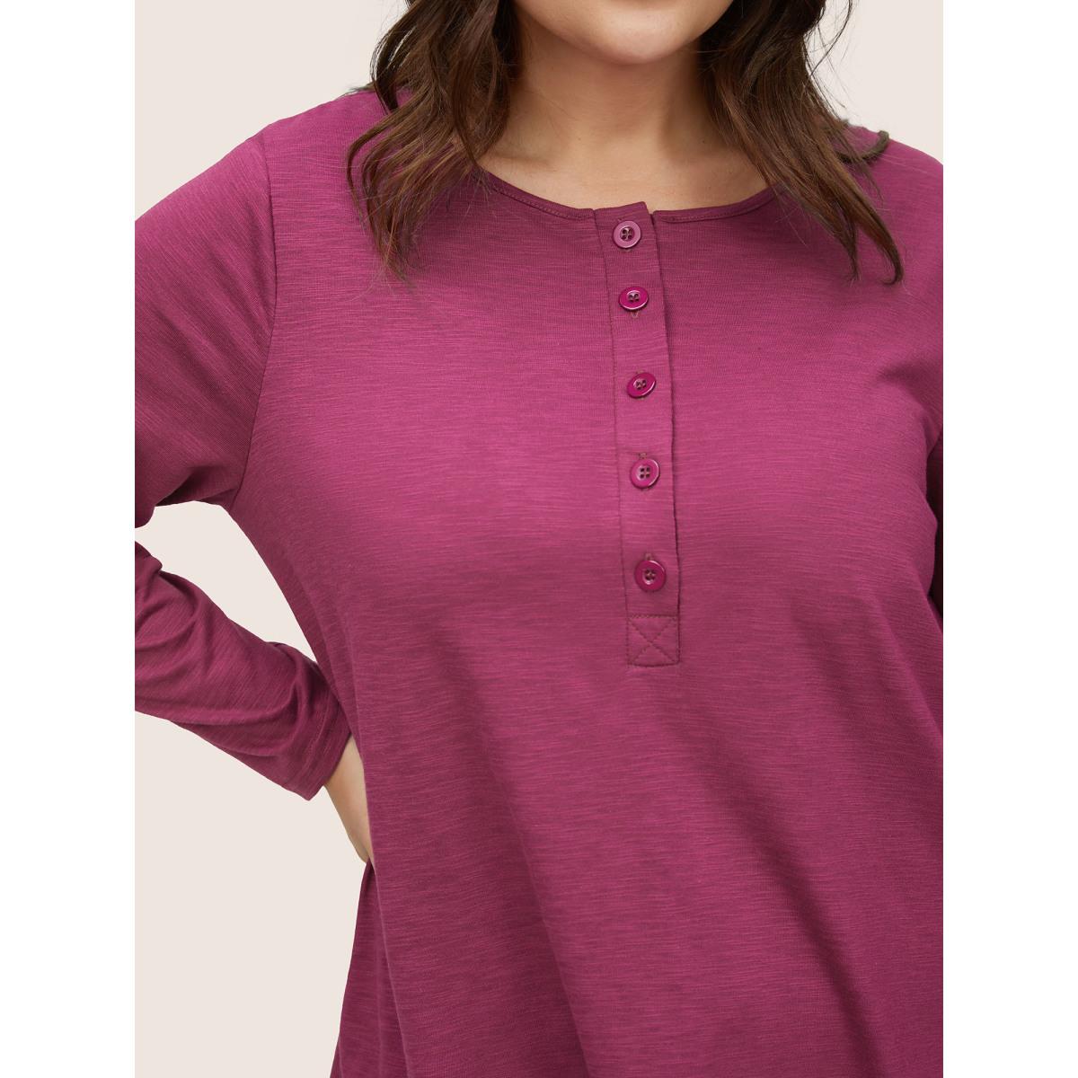 Plus Size Solid Heather Button Up T-shirt RedViolet Women Casual Non Plain Round Neck Everyday T-shirts BloomChic 14-16/1X Product Image