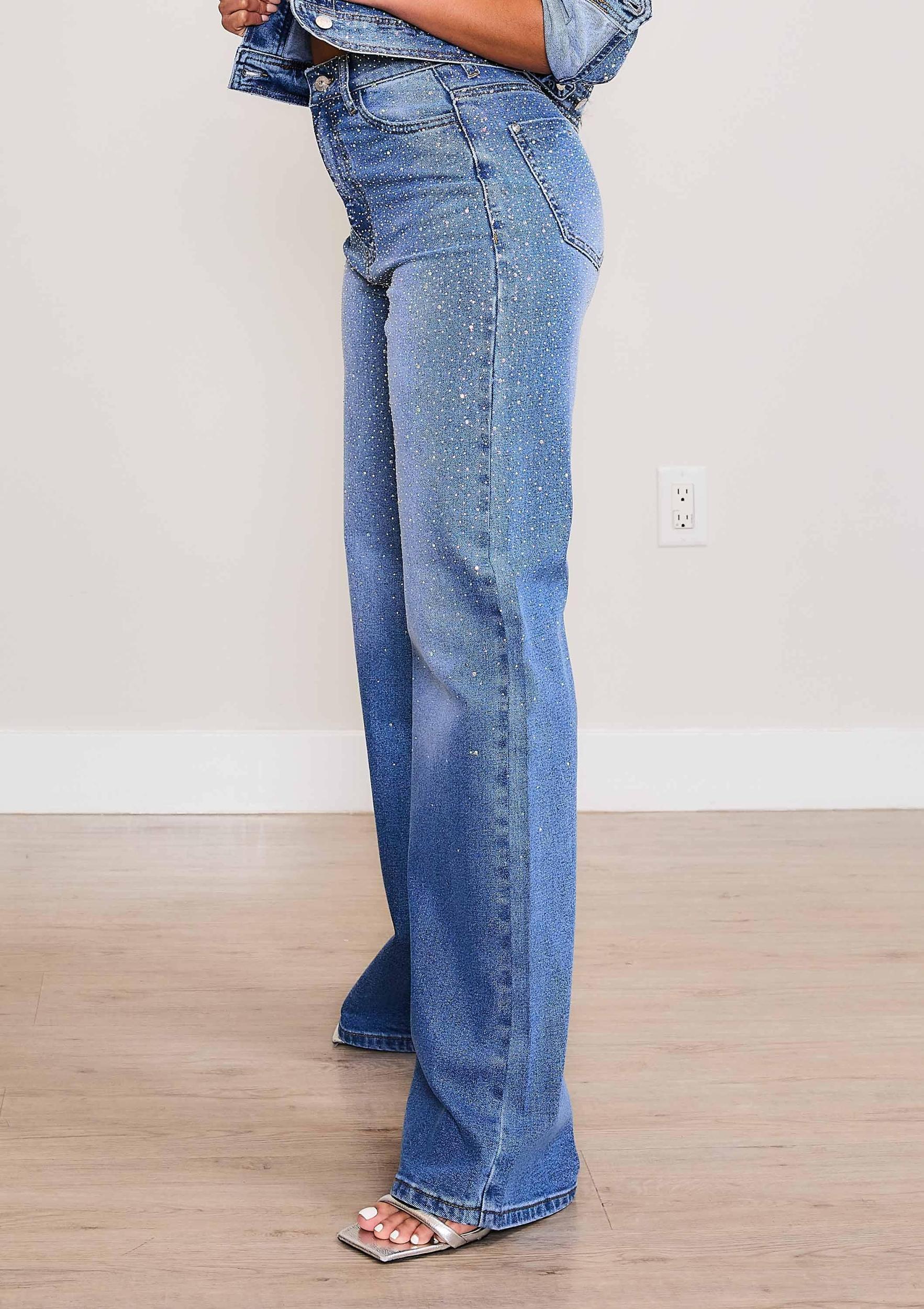 Iridescent Rhinestone High-Rise Wide Leg Jeans Product Image
