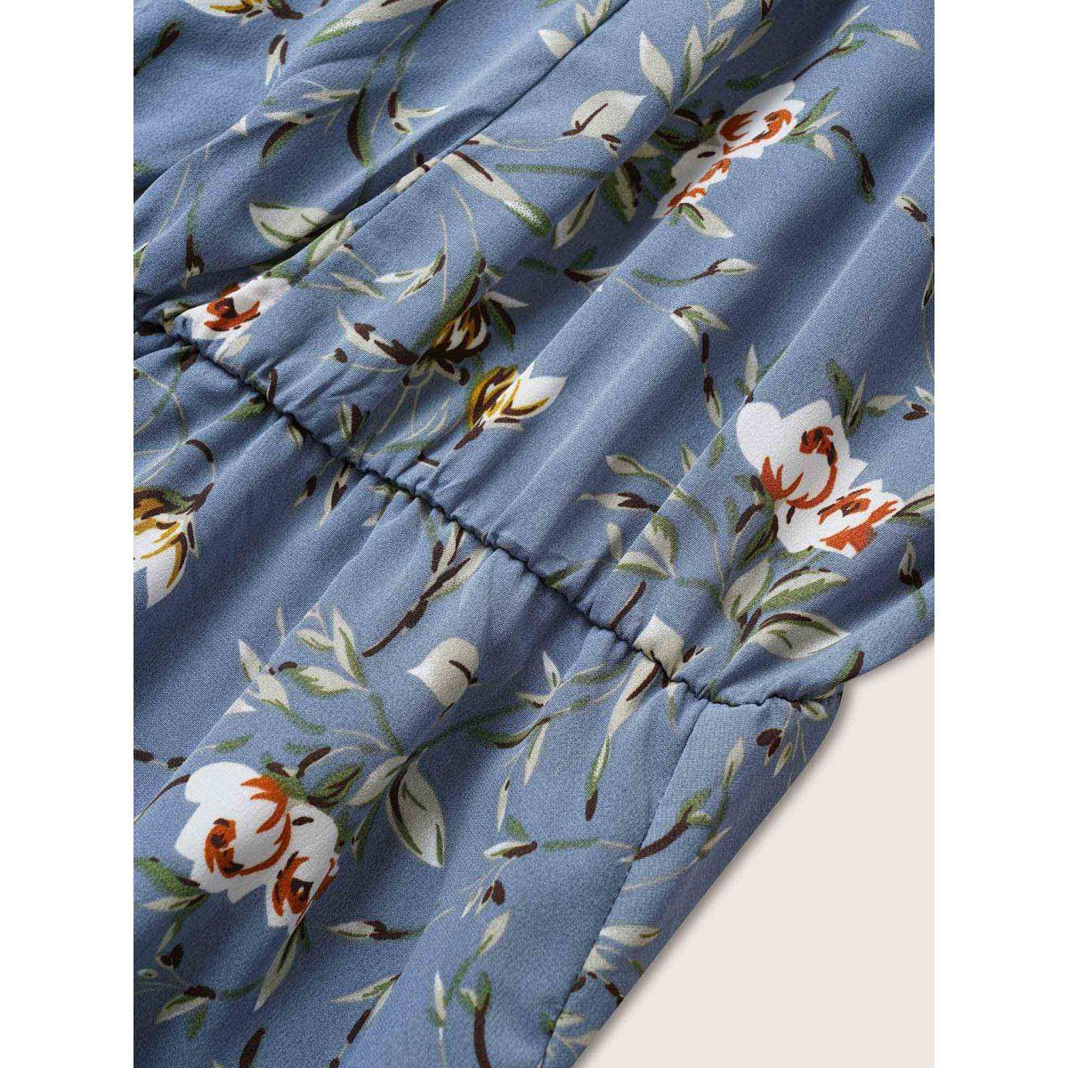 Plus Size Ditsy Floral Square Neck Elastic Waist Gathered Dress Stone Women Elegant Non Square Neck Short sleeve Curvy Midi Dress BloomChic 12/L Product Image