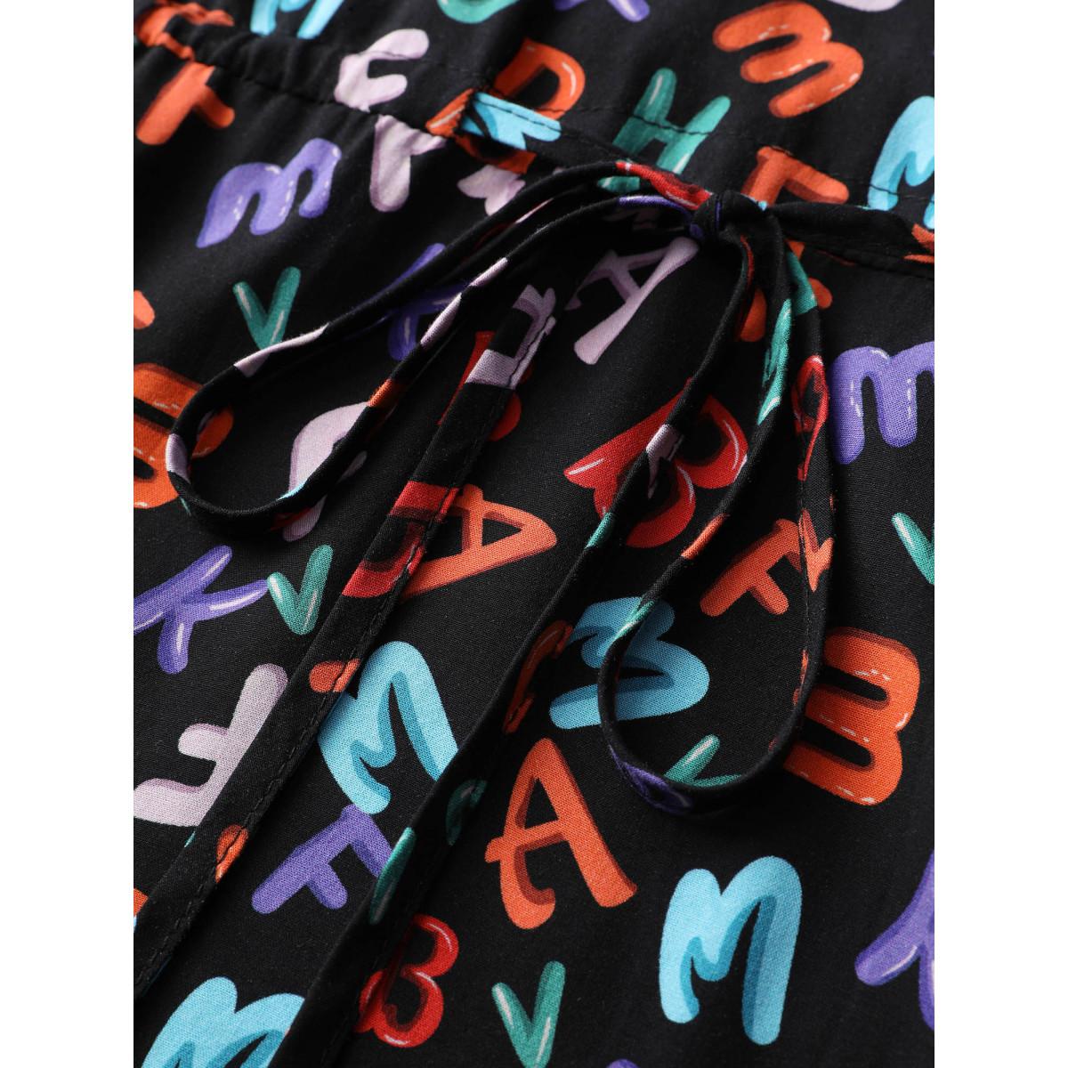 Plus Size Alphabetical Print Drawstring Adjustable Waist Midi Dress Black Women Office Drawstring V-neck Long Sleeve Curvy BloomChic 22-24/3X Product Image