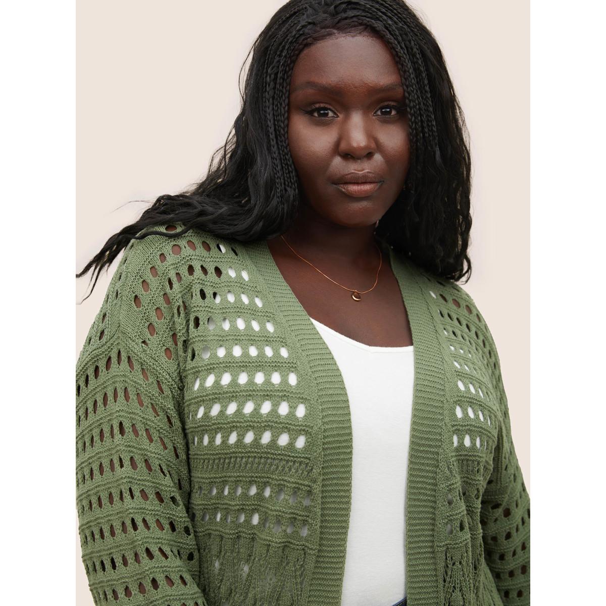 Plus Size Plain Texture Cut Out Open Front Cardigan Moss Women Everyday Casual Cover Ups Bloomchic 12/L Product Image