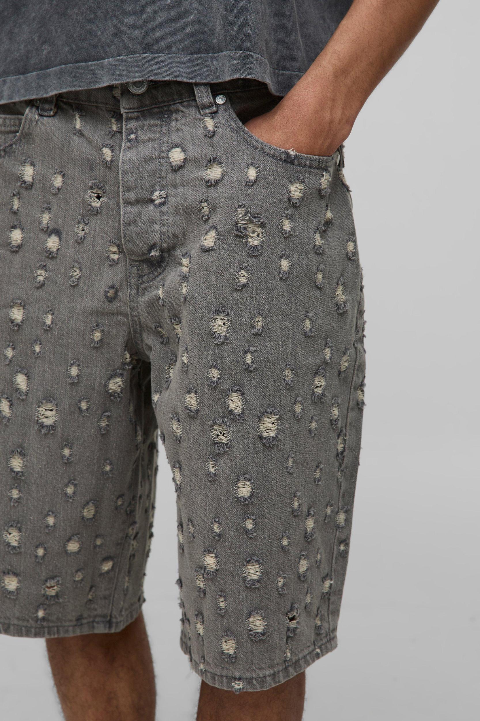 Relaxed Long Length Grey Washed Ripped Jean Shorts | boohooMAN USA Product Image