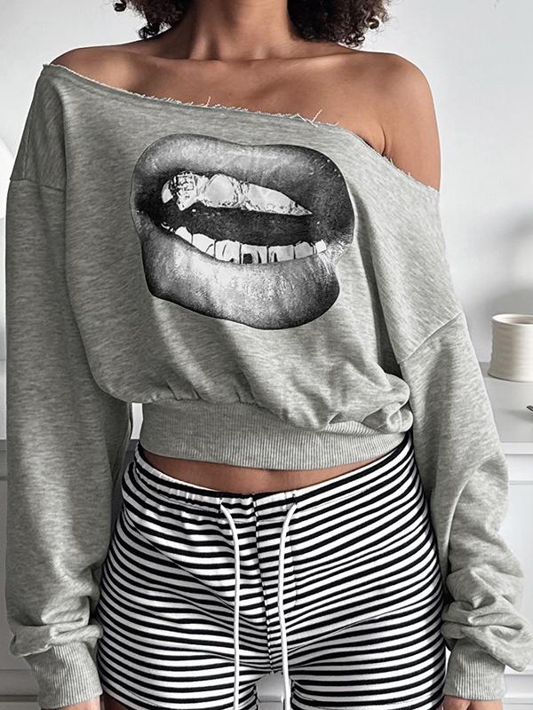 Lip Print T-Shirt Oversized Long Sleeve Product Image