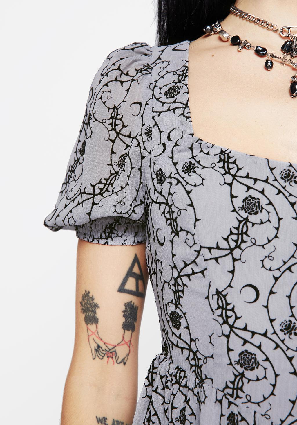 Rosethorn Flocked Velour Puff Sleeve Midaxi Dress - Blue Product Image