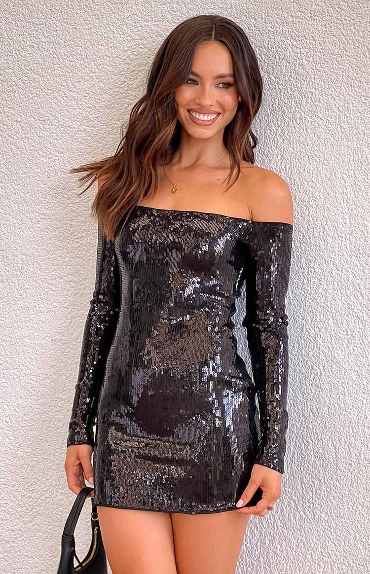 Jazmin Black Sequin Long Sleeve Mini Dress Product Image