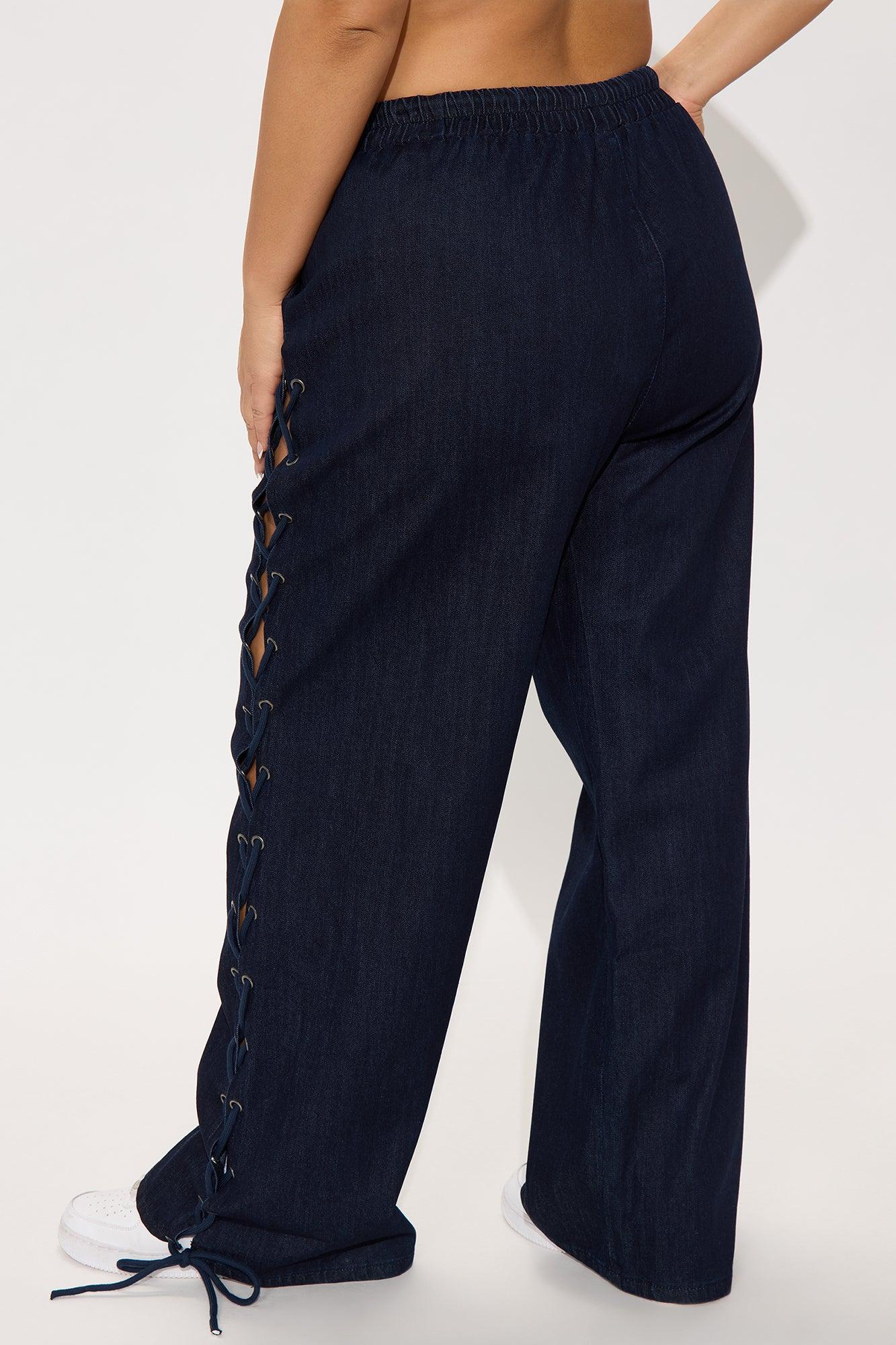 Lucky Laced Up Wide Leg Denim Jeans - Dark Wash Female Product Image