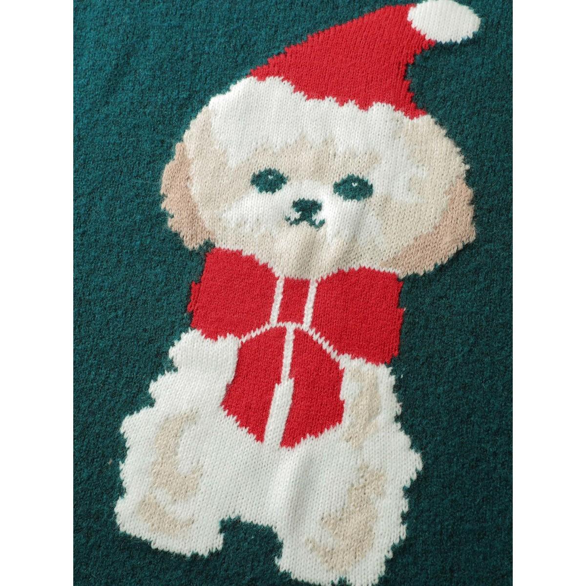 Plus Size Festive Puppy Jacquard Pattern Pullover DarkSlateGray Women Playful Loose Long Sleeve Round Neck Casual Pullovers BloomChic 18-20/2X Product Image