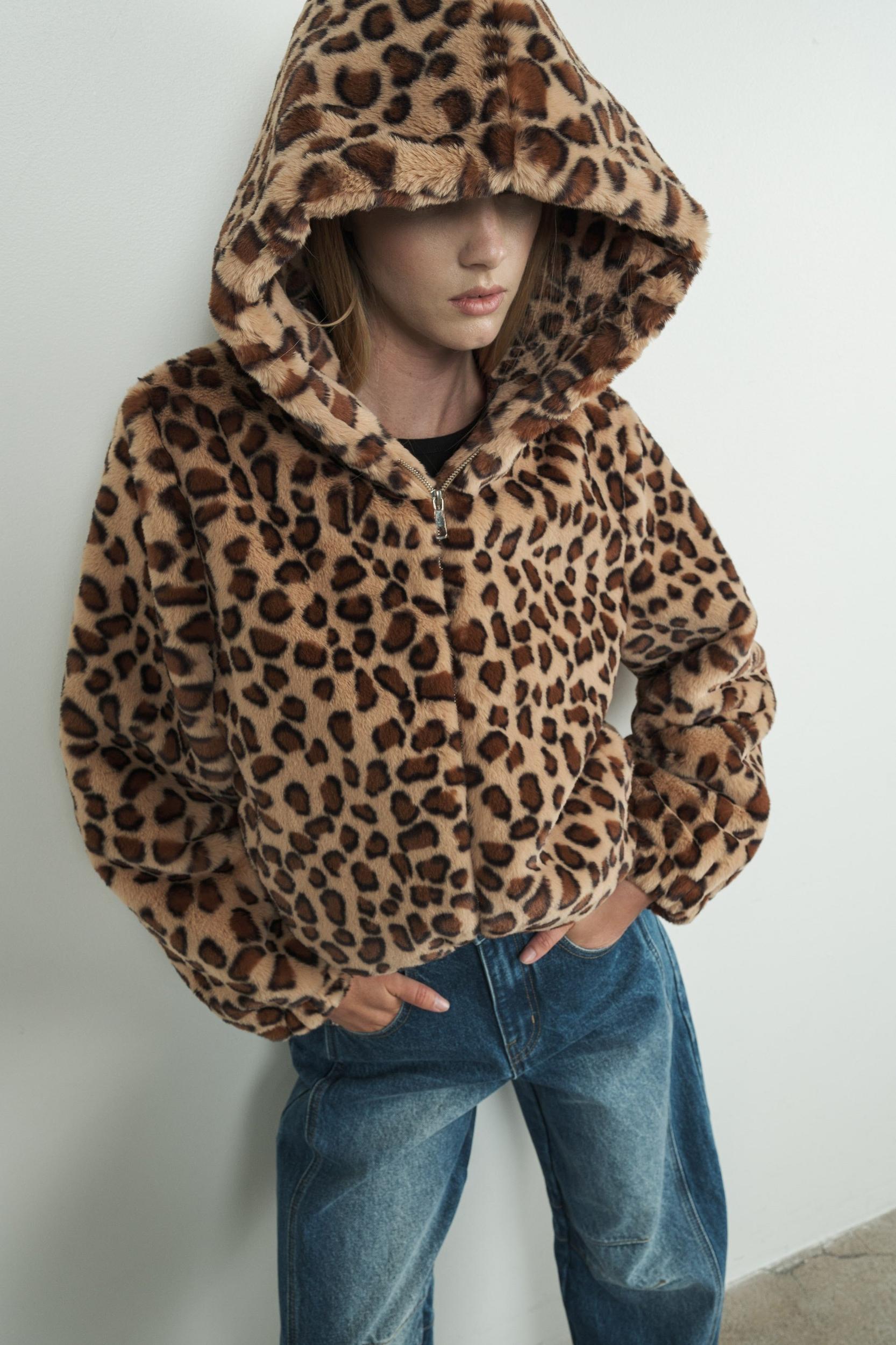LEOPARD PRINT FUR ZIP UP HOODIE Product Image
