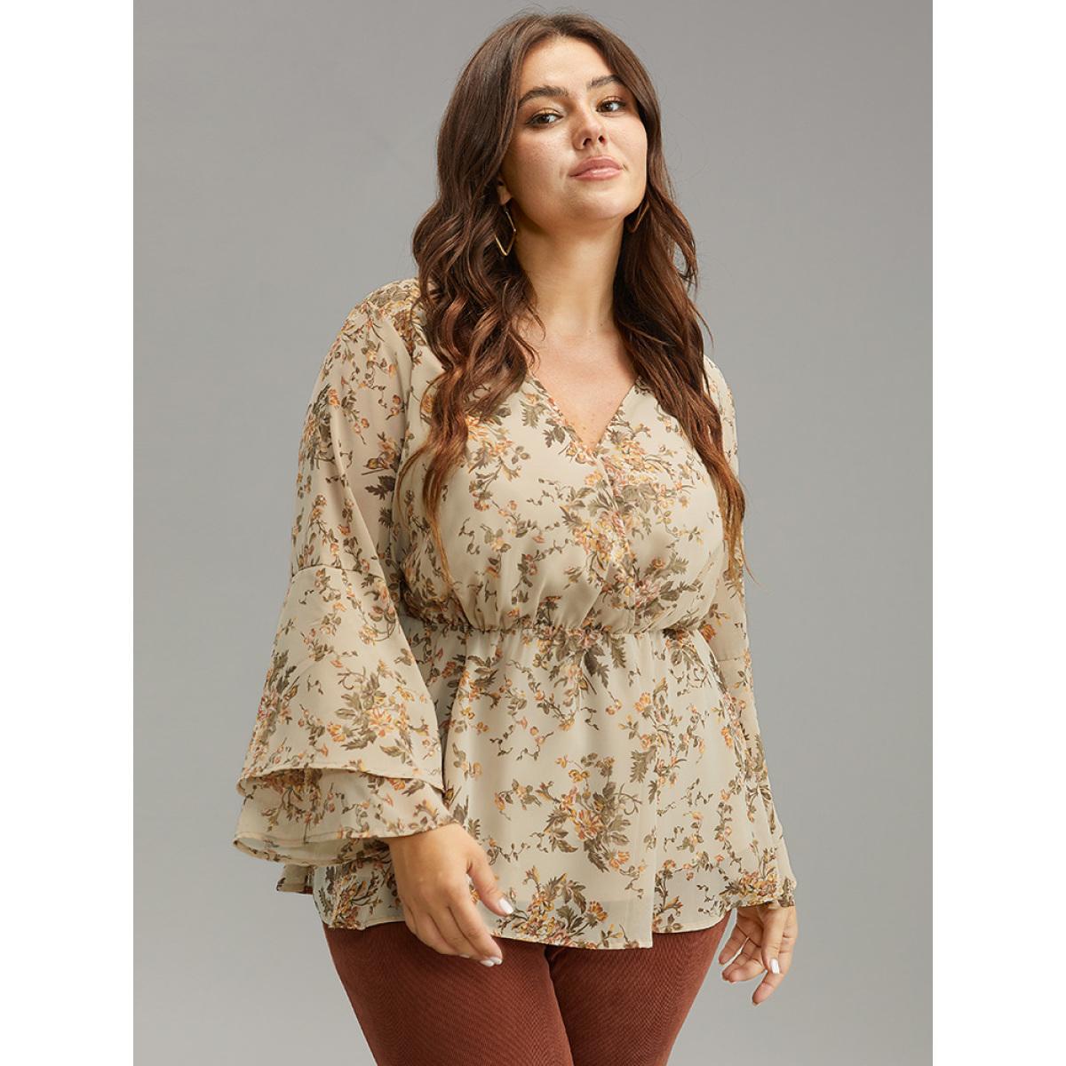 Plus Size Apricot Floral Wrap Tiered Ruffles Bell Sleeve Blouse Women Elegant Long Sleeve V-neck Everyday Blouses BloomChic 14-16/1X Product Image