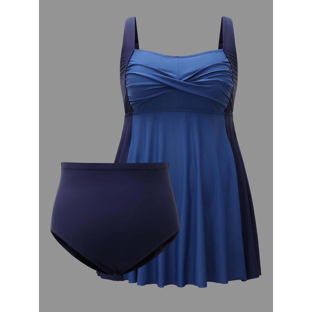 Plus Size Twist Front Adjustable Straps Swim Dress Women's Swimwear Indigo Beach Bodycon Heart neckline High stretch Curve Swim Dresses BloomChic 10/M Product Image