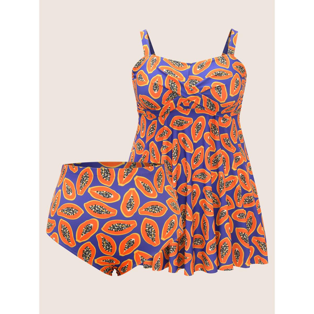 Plus Size Fruit & Vegetable Print Crossover Cami Swim Dress Women's Swimwear Purple Beach Bodycon Heart neckline High stretch Curve Swim Dresses BloomChic 28/5X Product Image