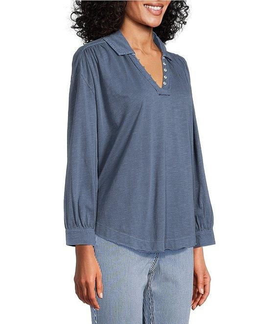 Westbound 3/4 Sleeve V Neck Collared Slub Knit Top Product Image