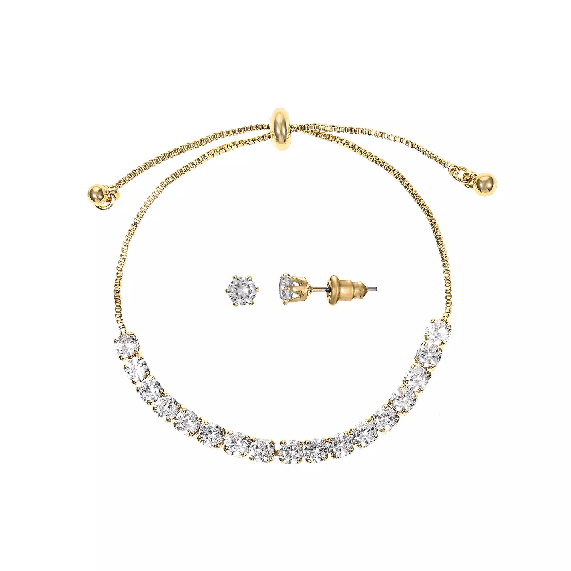 Gold Tone Cubic Zirconia Adjustable Bracelet & Stud Earrings Set, Women's, Size: 4-10" ADJ, Gold Tone Clear Product Image