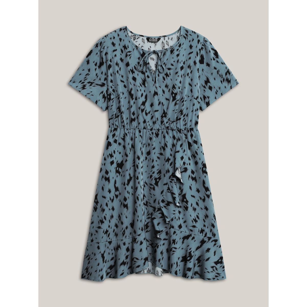 Plus Size Leopard Print Faux Wrap Ruffled Midi Dress Skyblue Women Overlap Collar Short sleeve Curvy BloomChic 26/4X Product Image