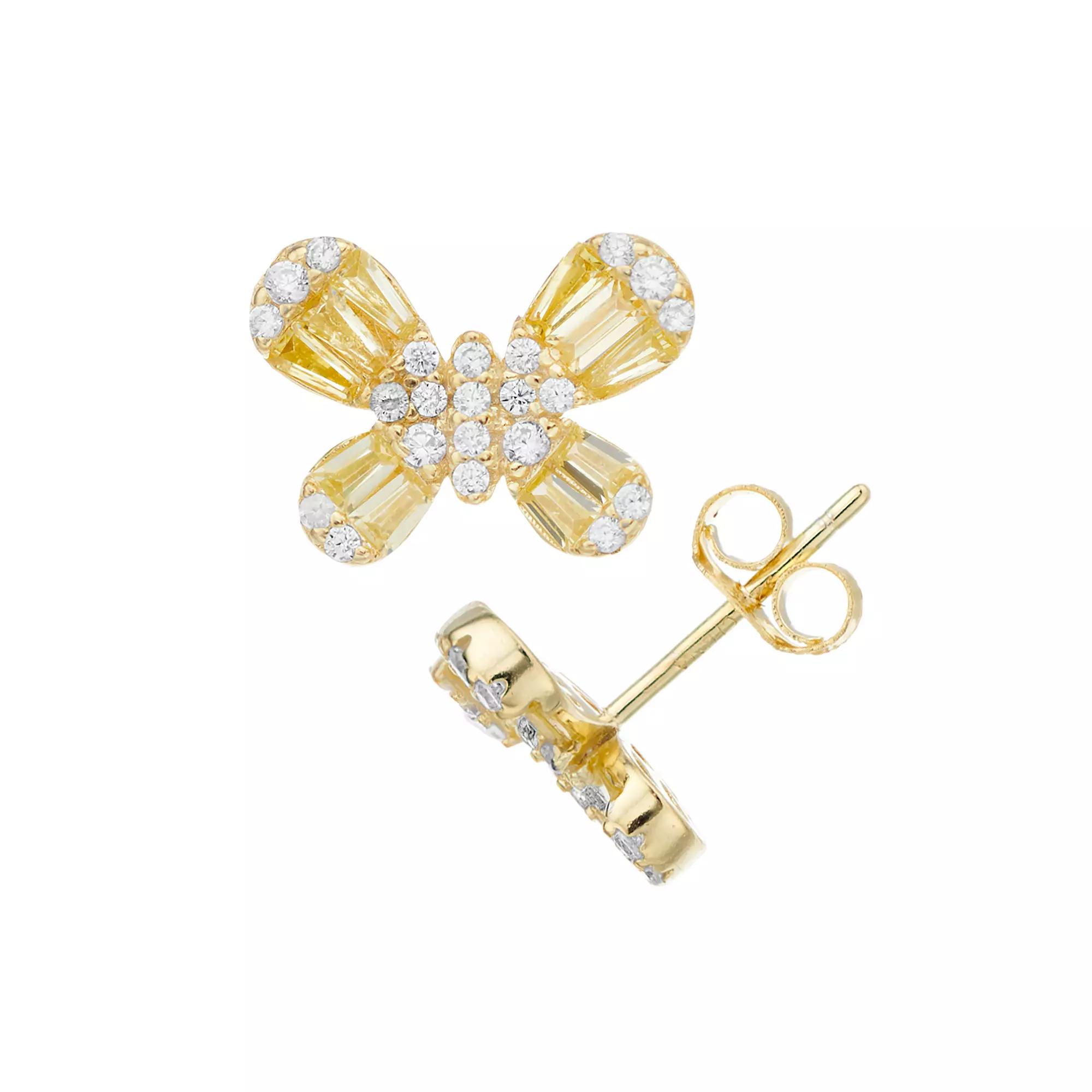 14k Gold Over Silver Cubic Zirconia Cluster Butterfly Stud Earrings, Womens, Gold Tone Product Image