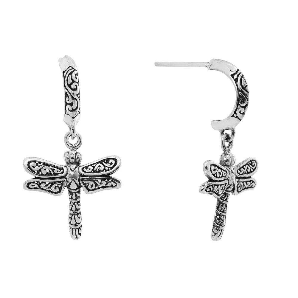 Main and Sterling Oxidized Sterling Silver Dragonfly Drop Hoop Earrings, Women's Product Image