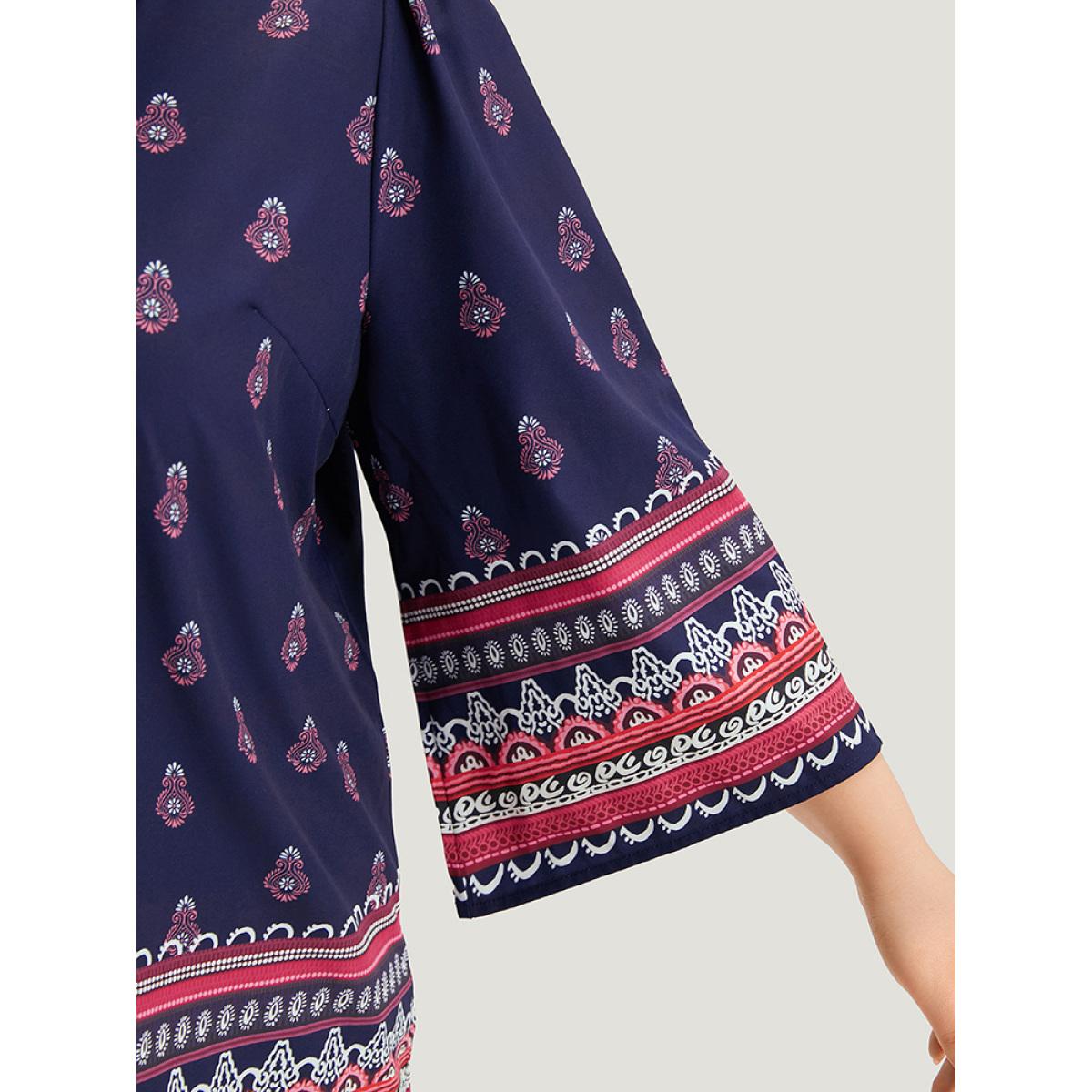 Plus Size Indigo Boho Print Tie Neck Tassel Trim Blouse Women Vacation Elbow-length sleeve V-neck Vacation Blouses BloomChic 14-16/1X Product Image