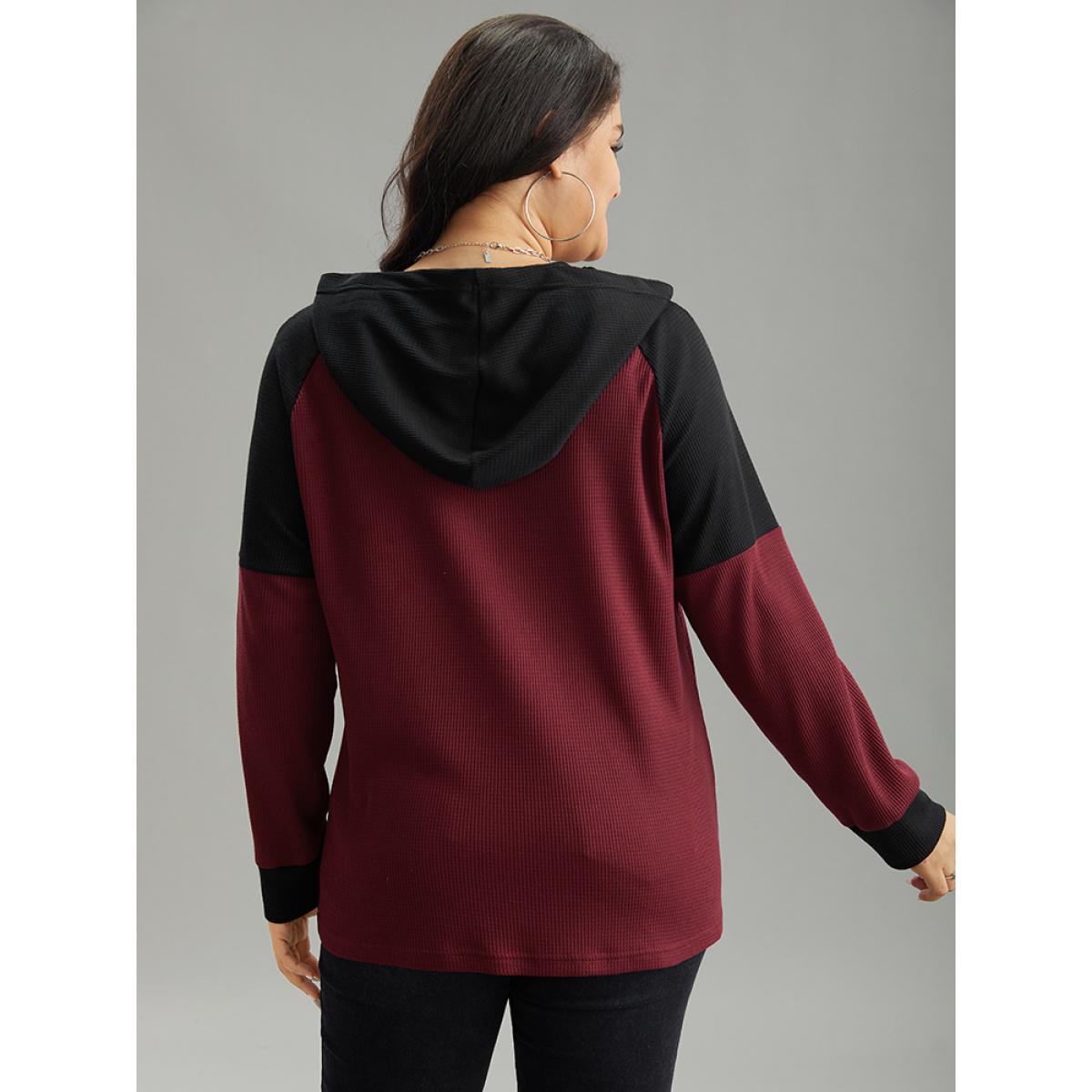 Plus Size Waffle Knit Hooded Button Up Sweatshirt Women Burgundy Casual Contrast Hooded Dailywear Sweatshirts BloomChic 14-16/1X Product Image