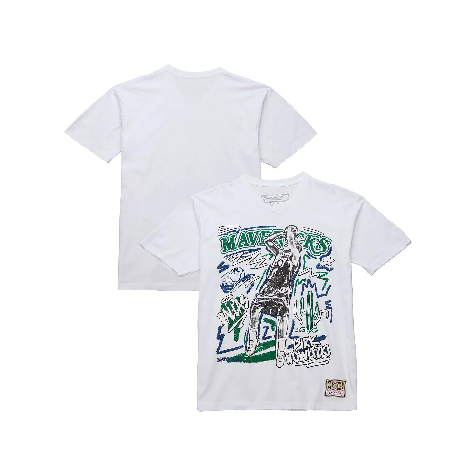 Men's Mitchell & Ness Dirk Nowitzki White Dallas Mavericks Hardwood Classics Chalked Up T-Shirt,  Product Image
