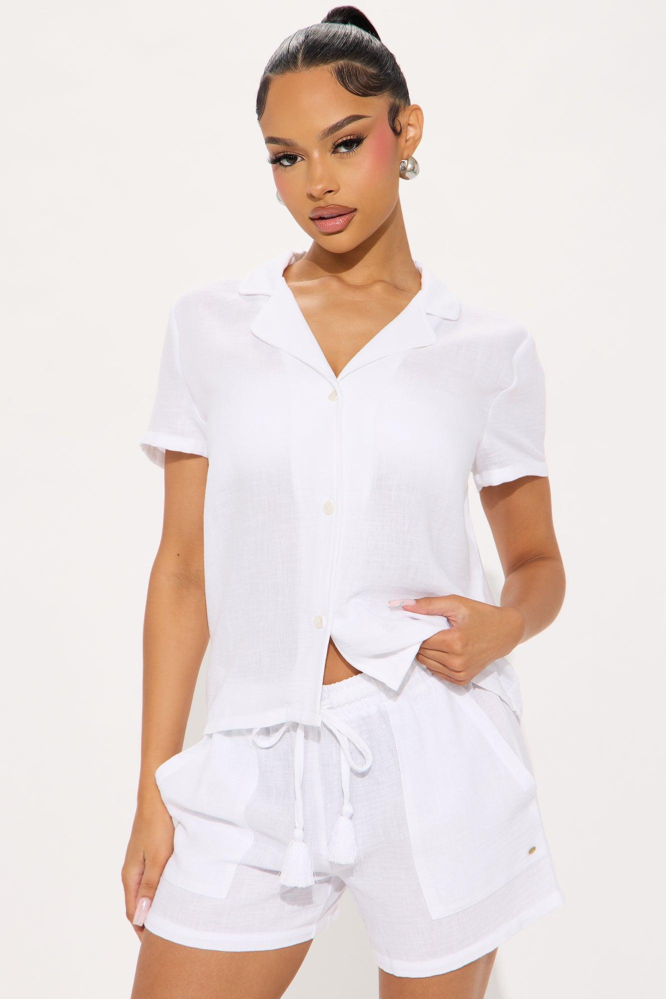 Keep It Simple Gauze Cover Up Shorts Set - White Product Image