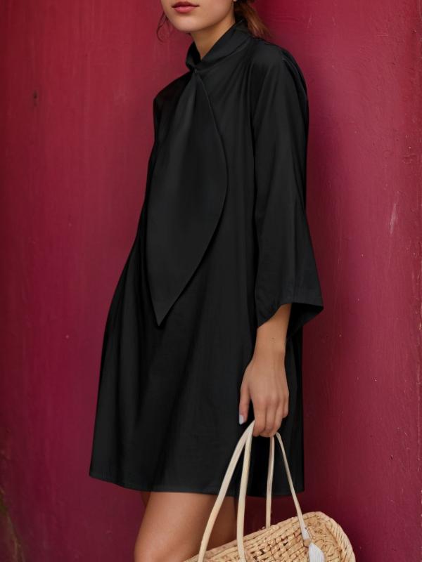 Loose Three-Quarter Sleeves Solid Color Stand Collar Mini Dresses Shirt Dress Product Image