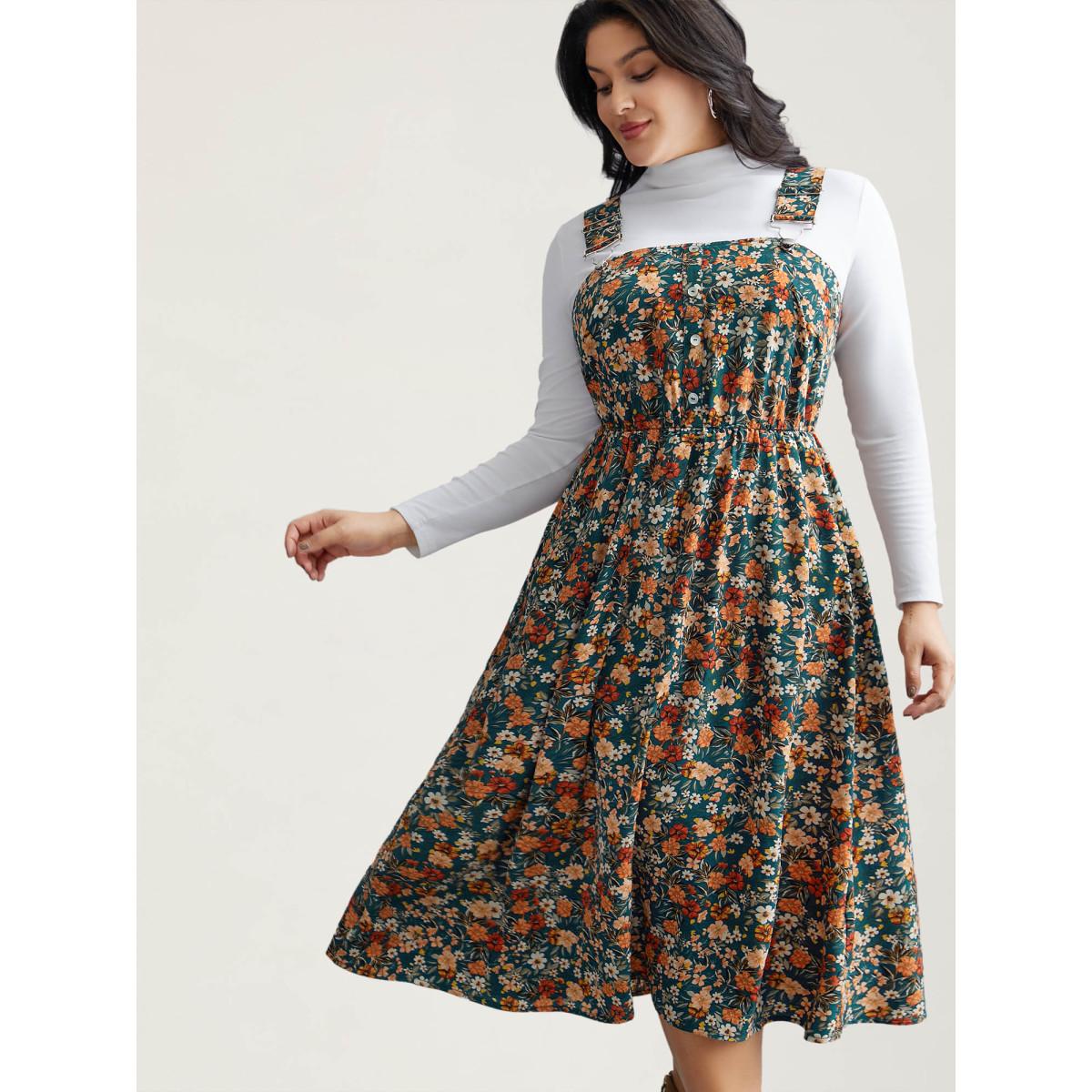 Plus Size Ditsy Floral Adjustable Straps Elastic Waist Dress Teal Women Leisure Gathered Non Sleeveless Curvy BloomChic 12/L Product Image
