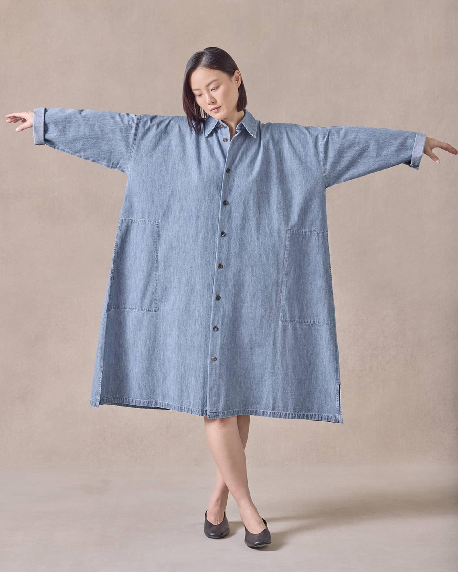 Denim Wide A-Line Back-Pleat Shirtdress With Collar Product Image