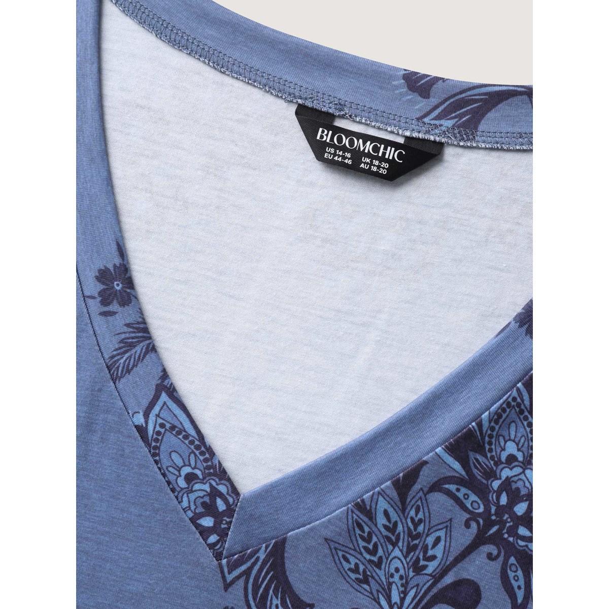 Plus Size Floral V-Neck Drapey T-Shirt Cerulean Women Leisure Non V-neck Casual T-shirts BloomChic 26/4X Product Image