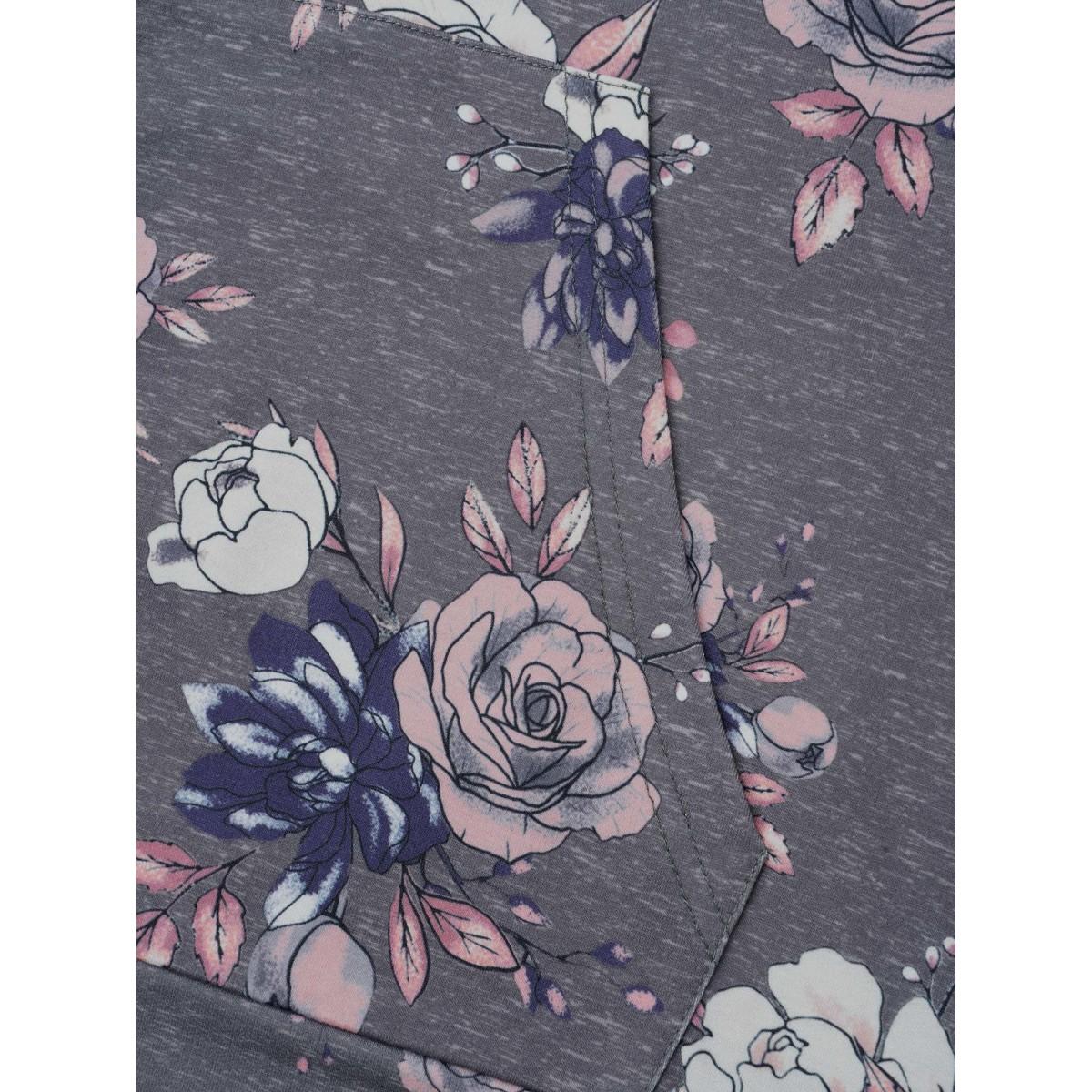 Plus Size Floral Print Zipper Front Hooded Sweatshirt Women DarkGray Casual Contrast Loose Hooded Everyday Sweatshirts BloomChic 26/4X Product Image