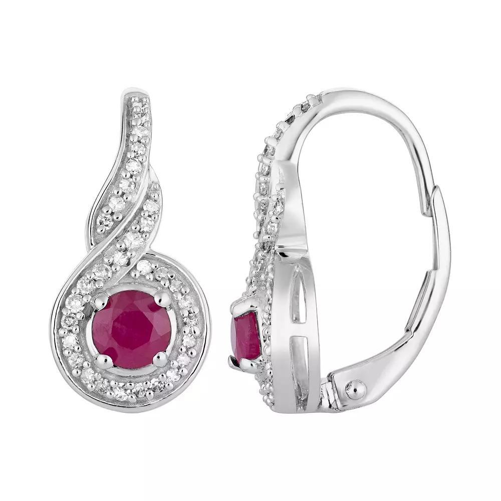 10k White Gold Ruby & 1/5 Carat T.W. Diamond Leverback Earrings, Women's, 10k Whgold Product Image