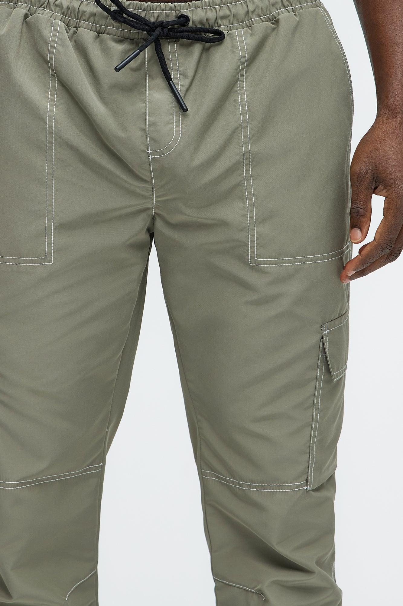 Contrast Stitch Nylon Flared Cargo Pants - Grey Product Image