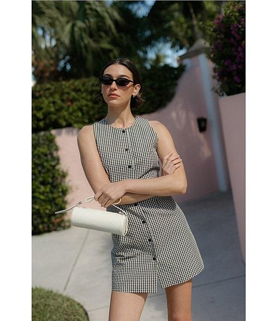 French Connection Gingham Round Neck Sleeveless Button Front Mini Dress Product Image