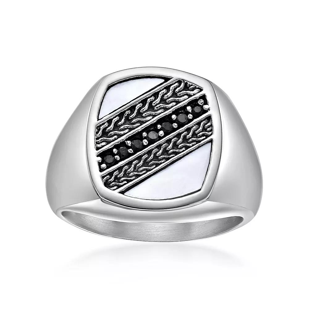 Men's LYNX Stainless Steel Mother of Pearl & Spinel Signet Ring, Size: 11 Product Image