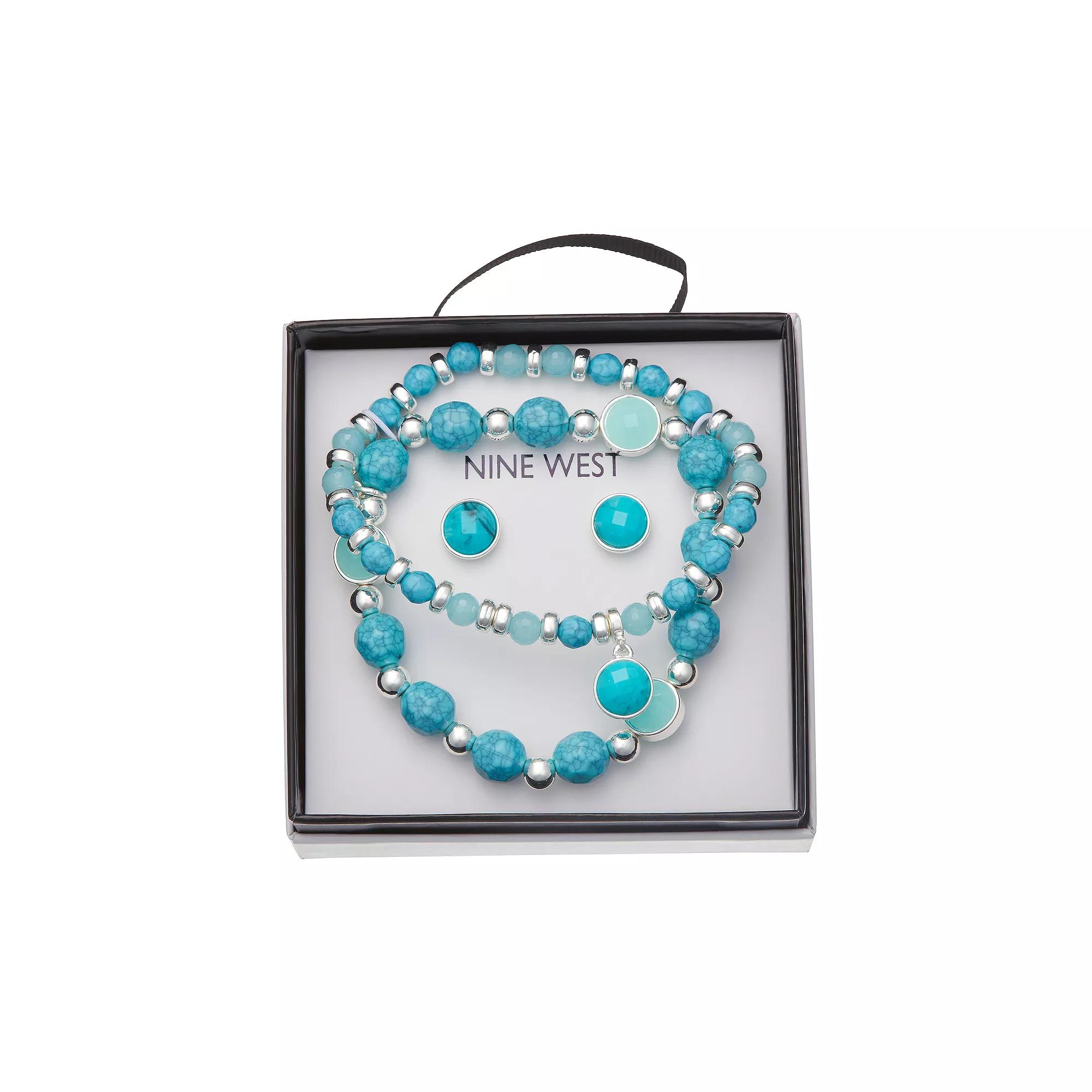 Nine West Silver Tone 2-Row Blue Beaded Bracelet & Stud Earrings Set, Women's Product Image