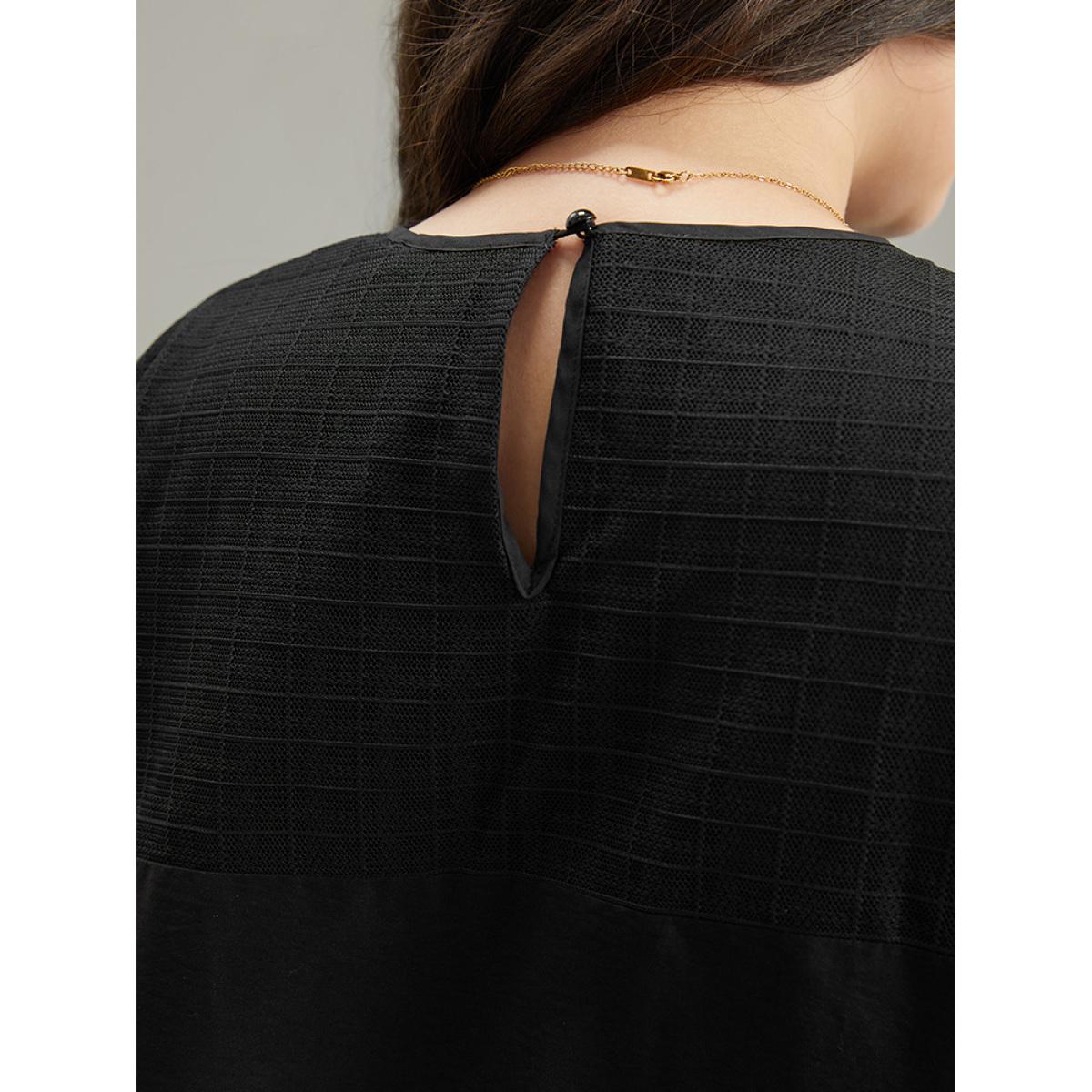 Plus Size Black Solid Keyhole Mesh Plicated Detail Blouse Women Glamour Long Sleeve Round Neck Going out Blouses BloomChic 12/L Product Image