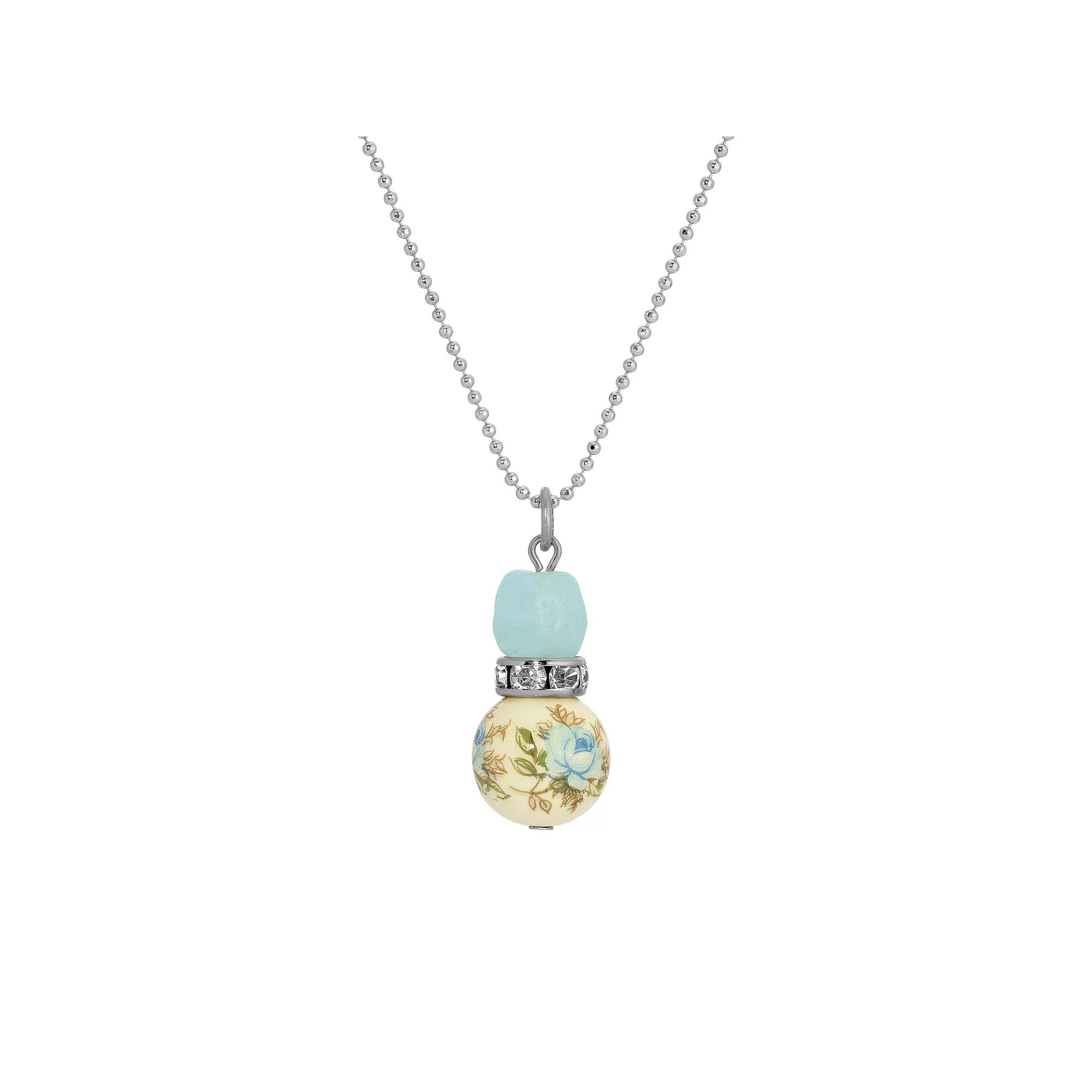 1928 Silver Tone Blue Crystal Rose Bead Pendant Necklace, Womens Product Image