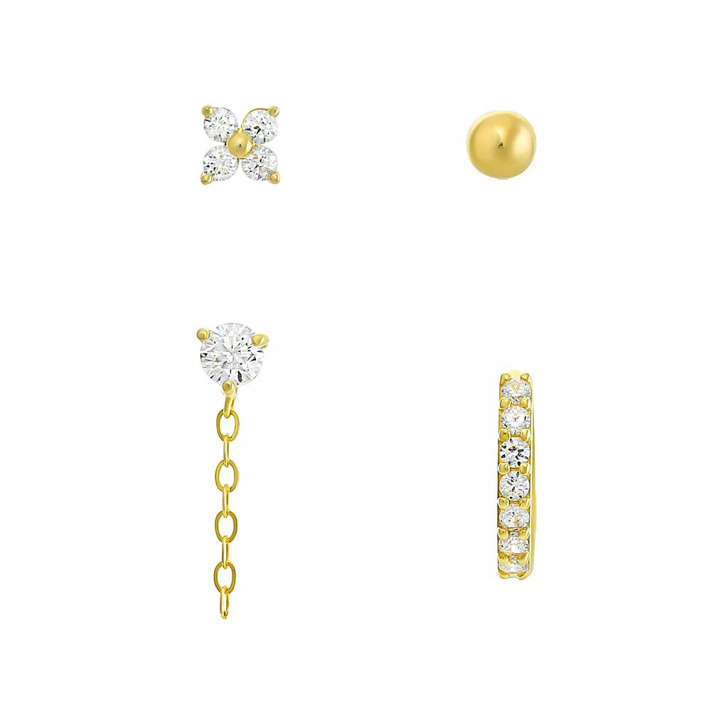Taylor Grace 10K Gold Ball & Cubic Zirconia Huggie & Clover Earring Set, Women's Product Image