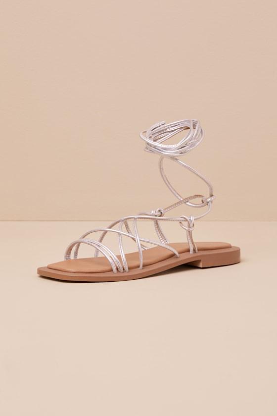 Lilac II Silver Metallic Leather Ankle Wrap Sandals Product Image