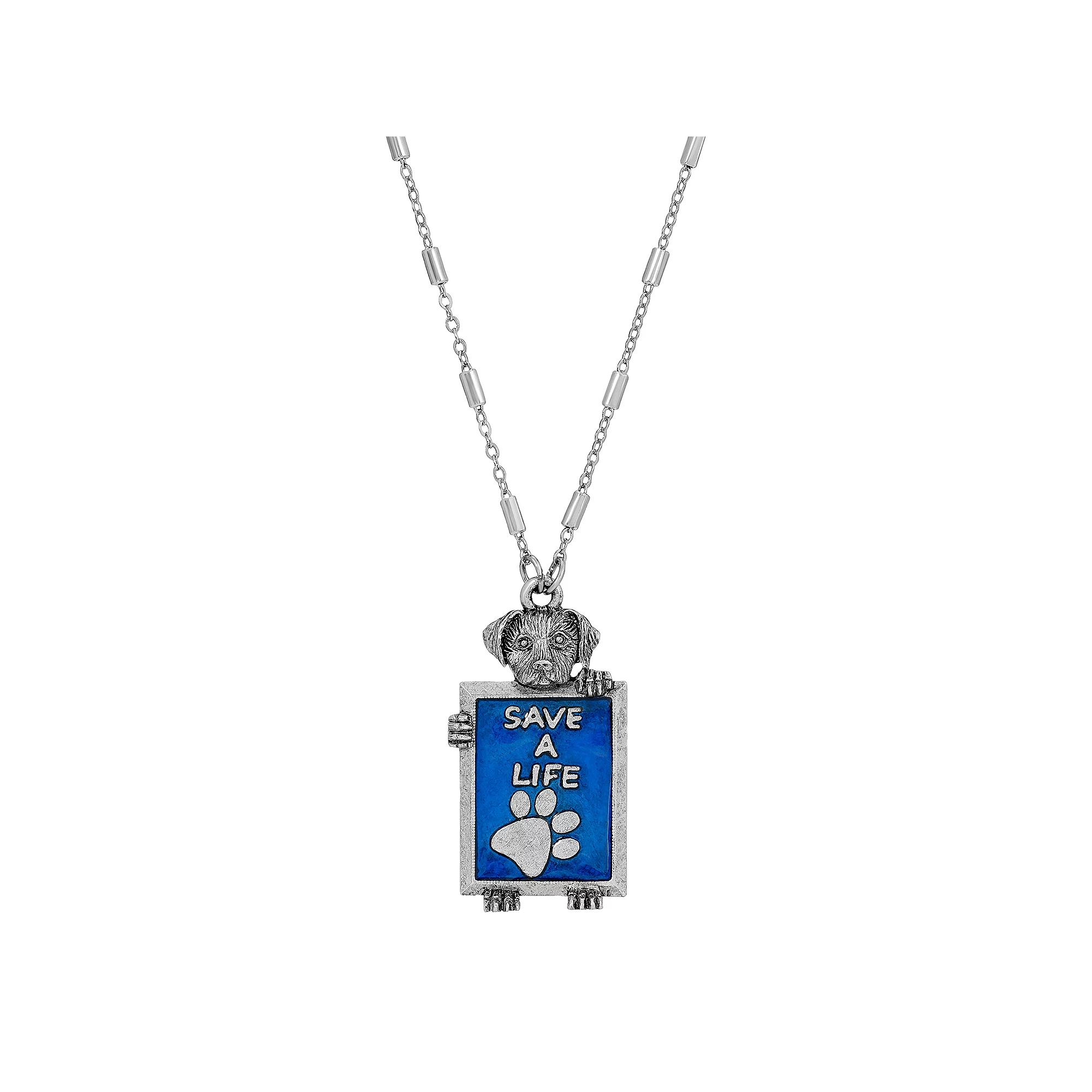 1928 Silver Tone Save A Life Dog Frame Necklace, Womens, Blue Product Image