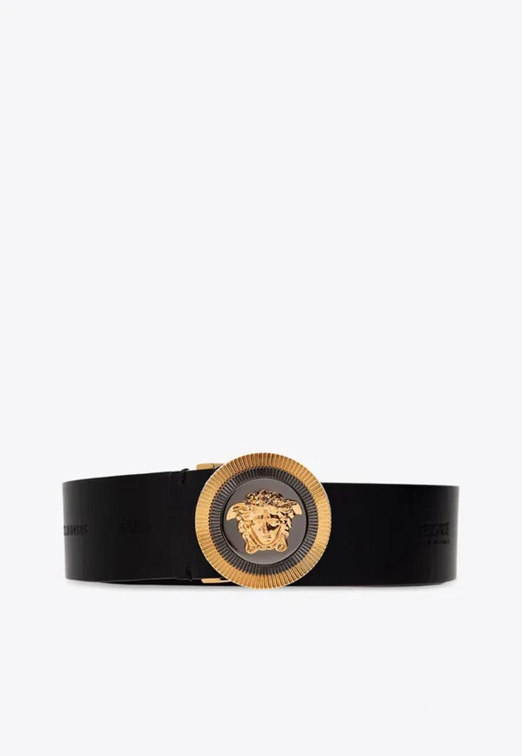 VERSACE Medusa Streamlined Leather Belt With Adjustable Length And Gold-tone Buckle In Black Product Image