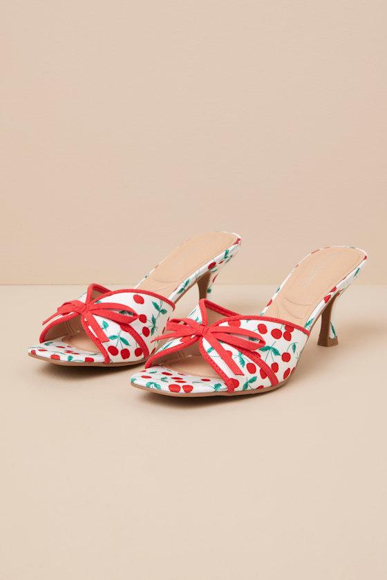 Jump Up White Cherry Kitten Heel Slide Sandals Product Image