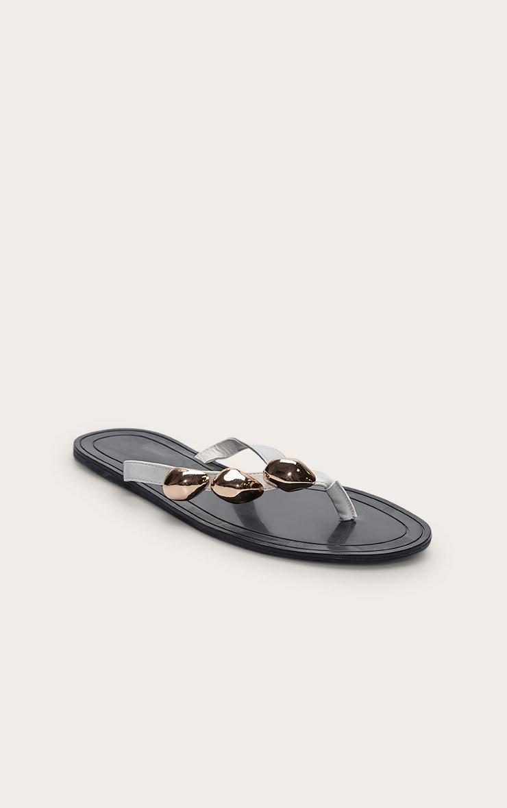 White Toe Thong Gold Textured Hardware Sandals Product Image