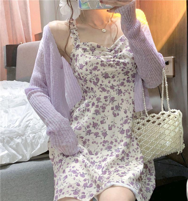 Spaghetti Strap Floral Print Mini A-Line Dress / Cardigan Product Image
