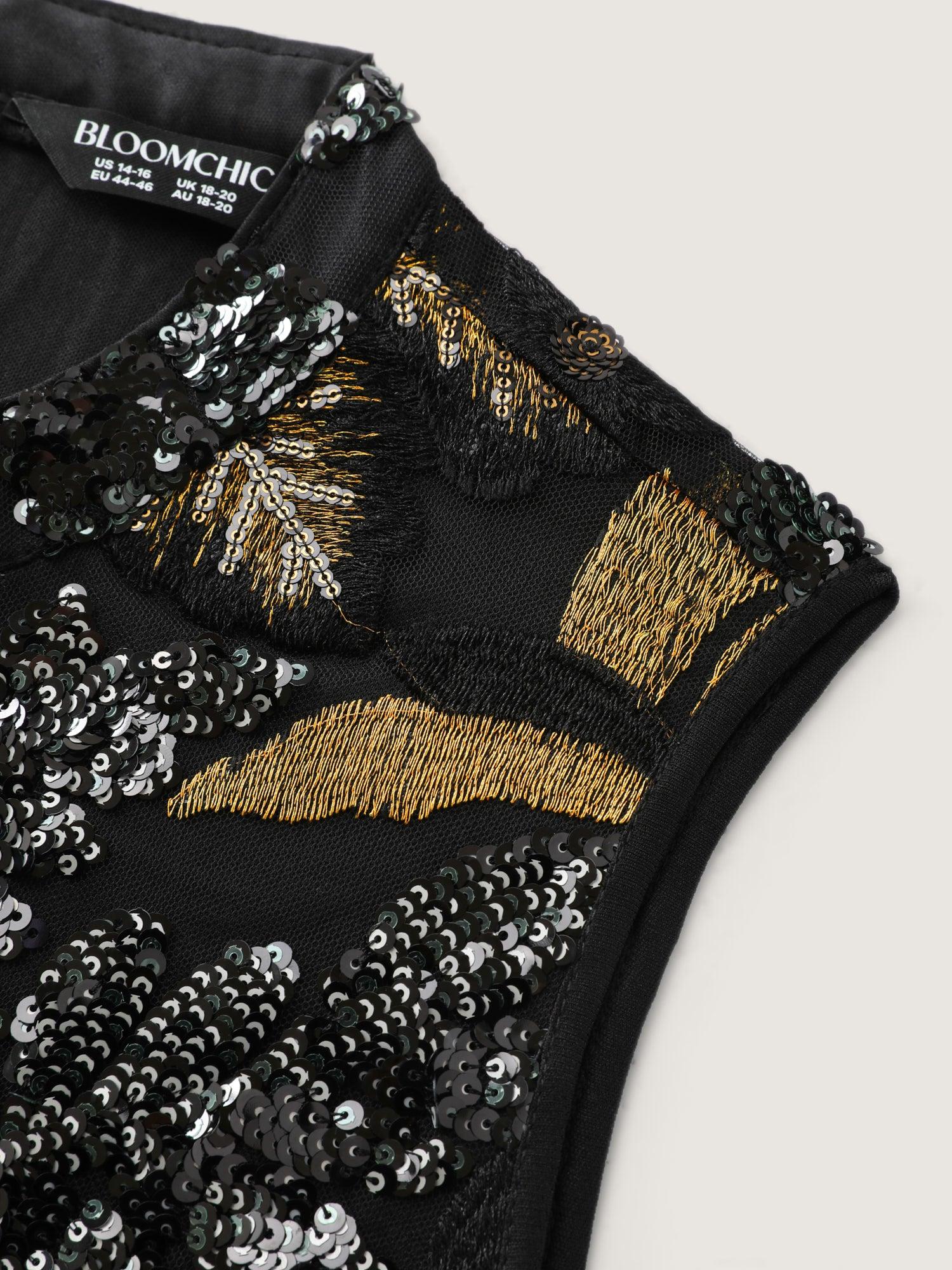 Floral Sequin Pleated Round Neck Midi Dress Female Product Image