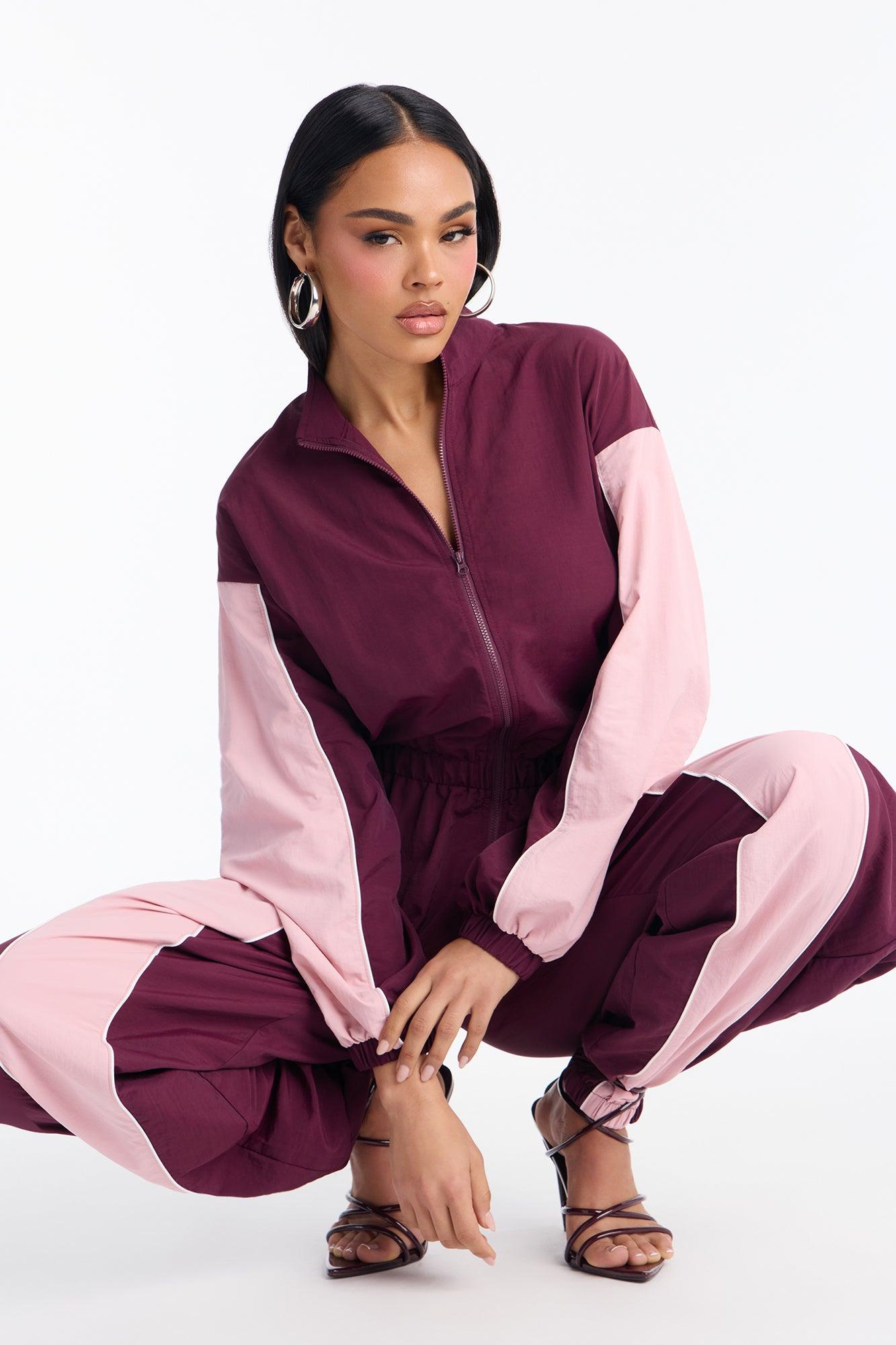 Willow Windbreaker Contrast Trim Jumpsuit - Wine/combo Female Product Image