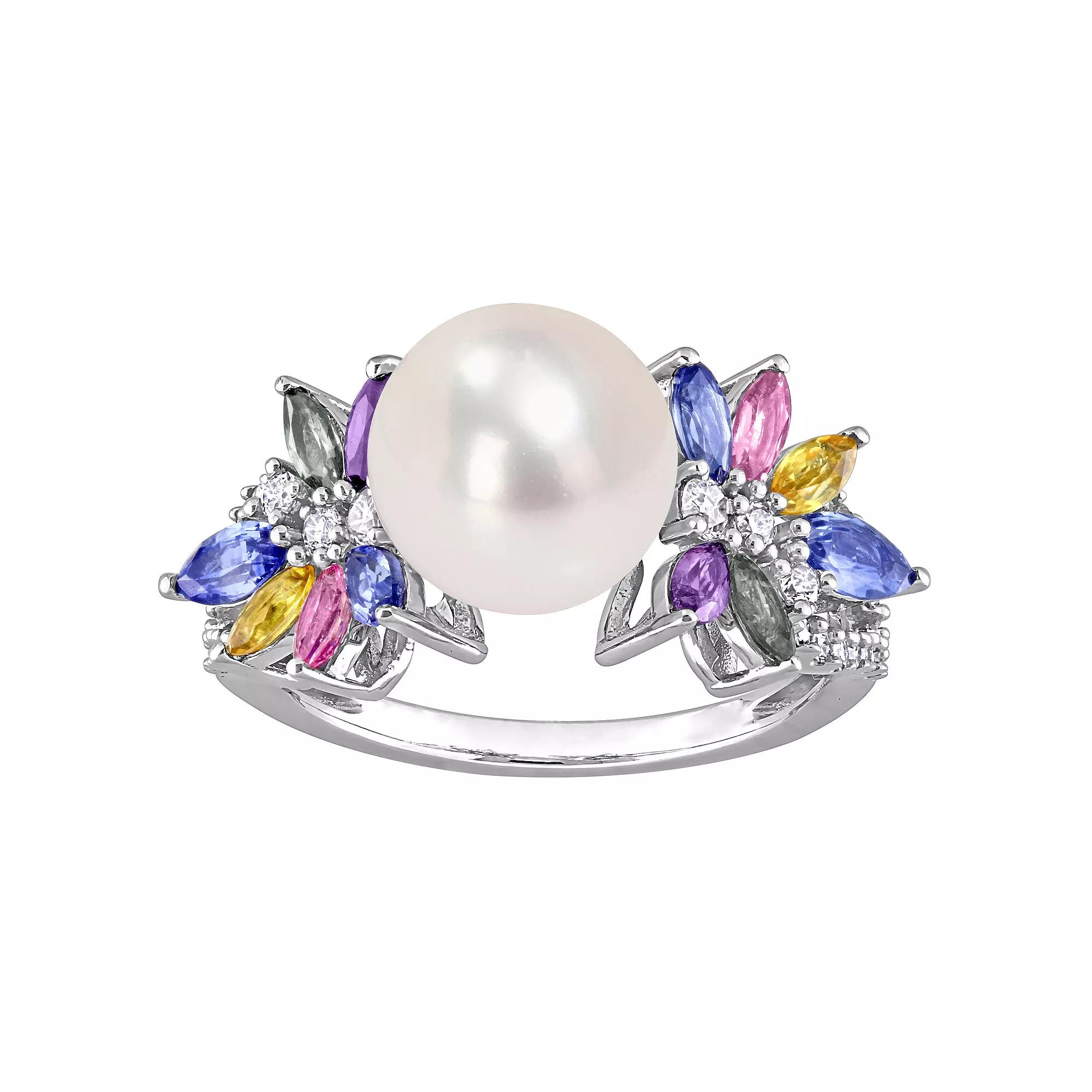 Stella Grace 14k White Gold Freshwater Cultured Pearl, Multicolor Sapphire & 1/8 Carat T.W. Diamond Flower Ring, Womens Product Image