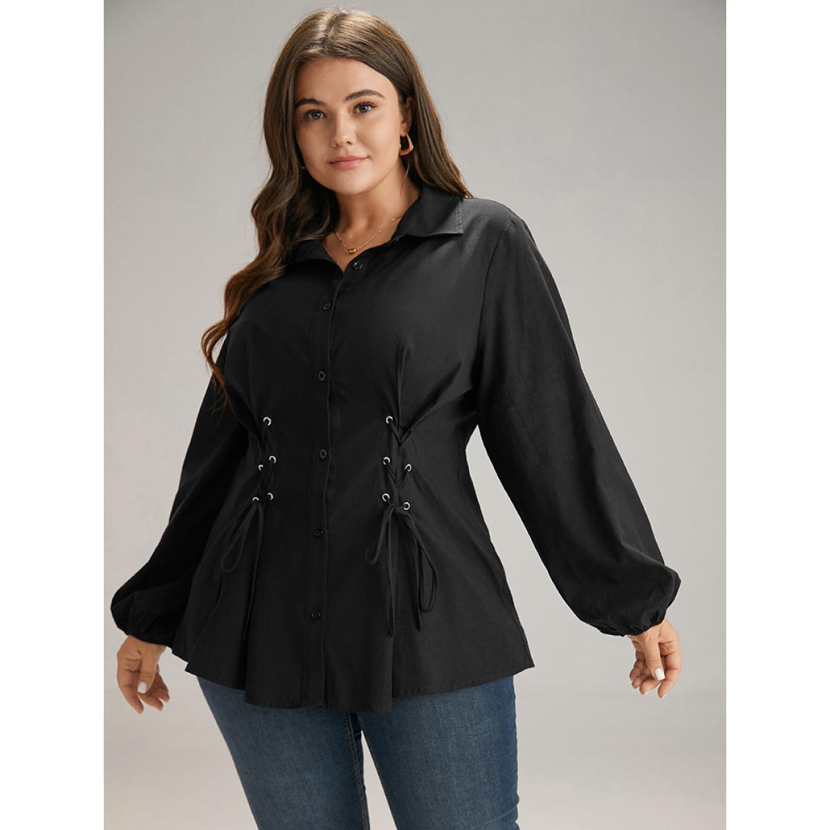 Plus Size Black Cotton Shirt Collar Lace Up Blouse Women Office Long Sleeve Shirt collar Work Blouses BloomChic 28/5X Product Image