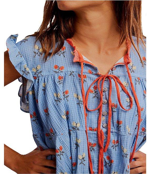Free People Sundown Floral Print Split Neck Cap Sleeve Mini Babydoll Dress Product Image