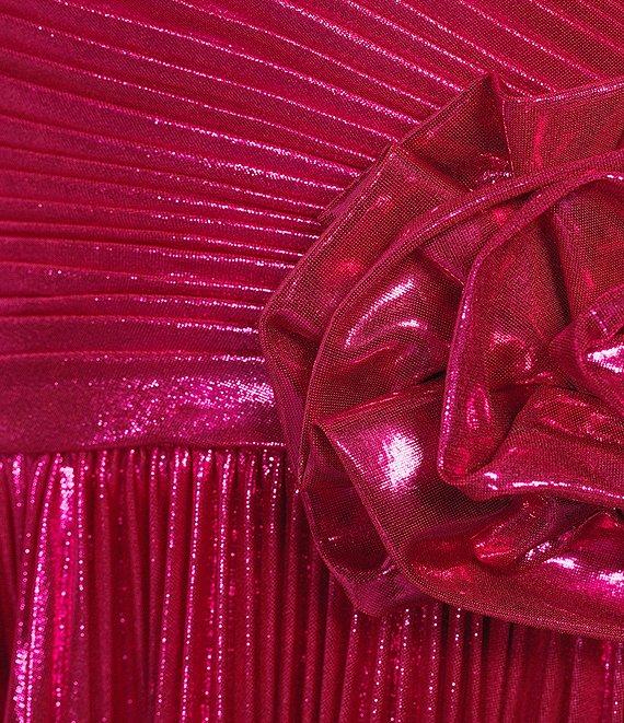 Jovani Metallic V-Neck Spaghetti Strap Pleated A-Line Gown Product Image