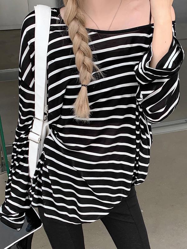 Stripe Backless Lace Up Smock Oversized Long Sleeve Tee Product Image